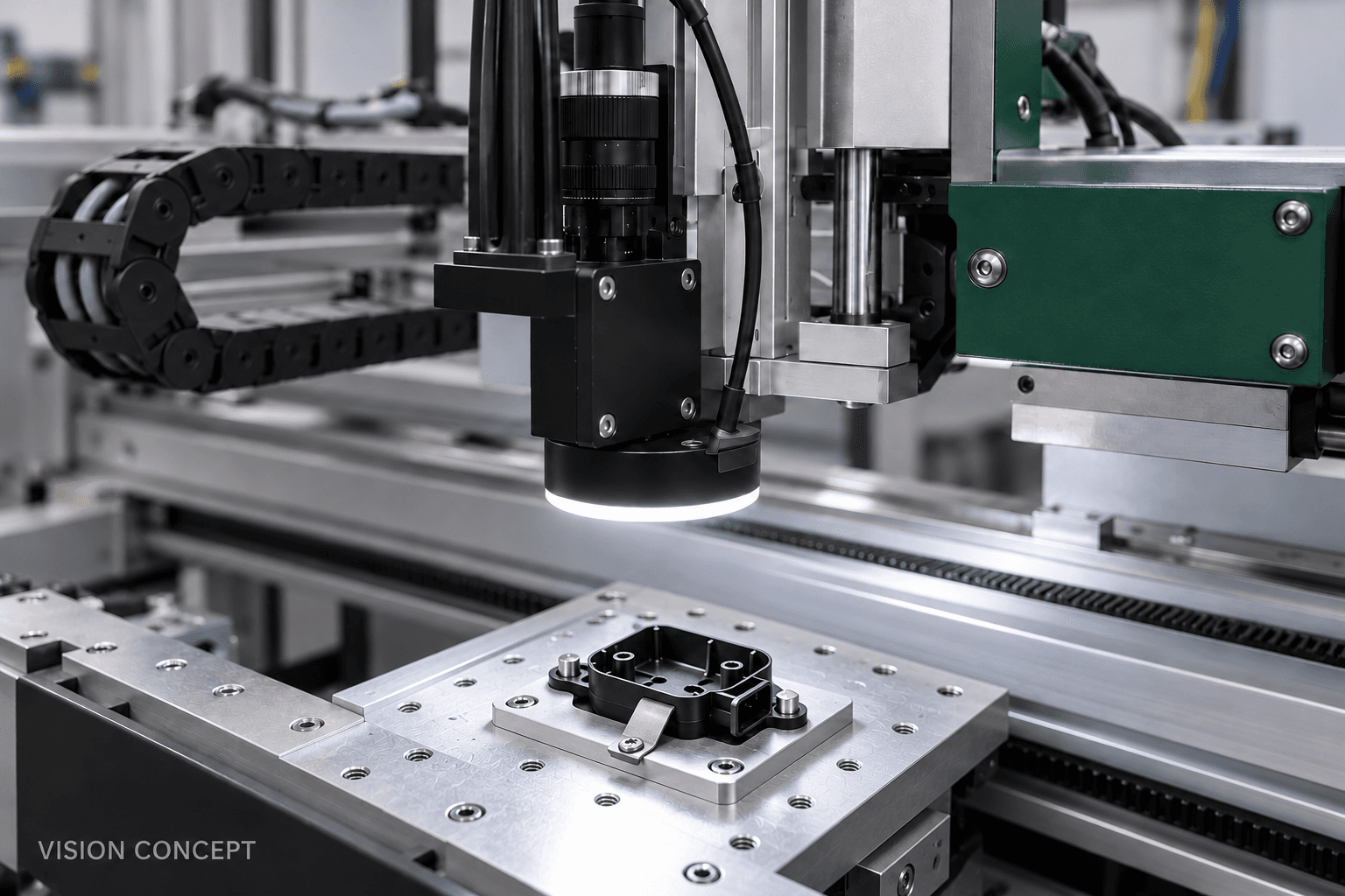 Konzept einer eigenständigen optischen Prüfstation für Metallbauteile.